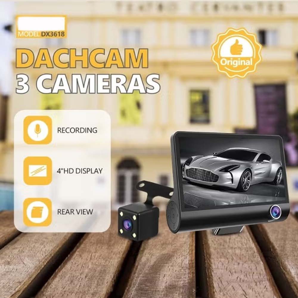 DX3618 3-Channel Car Dashcam. 4" HD display with front, rear & inside cameras. Loop recording, night vision & G-sensor.