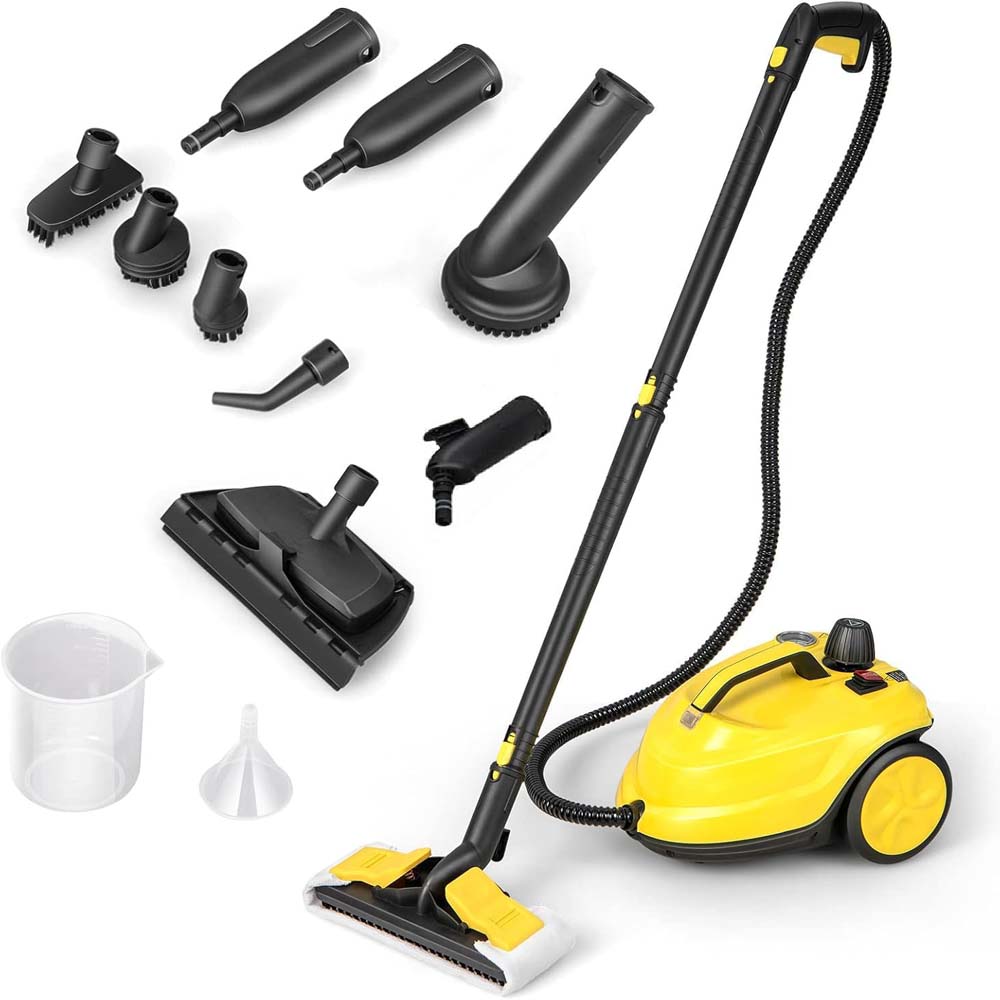 Pressurized Steam Cleaner 2000W. 2.0L tank with pressure gauge & German tech for carpets, cars & windows. Sanitizes & cleans.