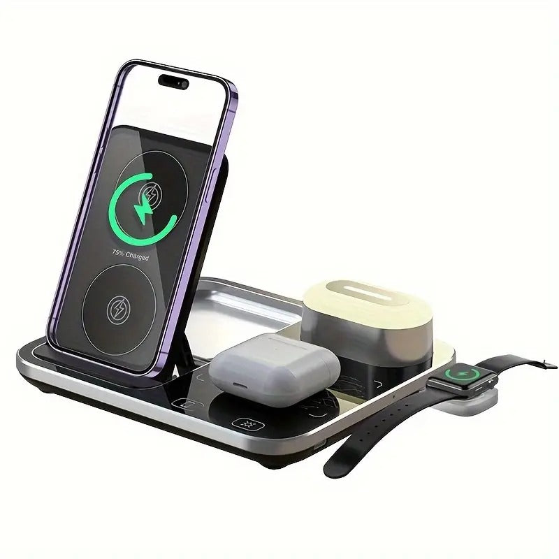 R12 Desktop Wireless Charger – 4-in-1 Automatic Lifting Station with RGB Light Effects and Sound-Controlled Lights