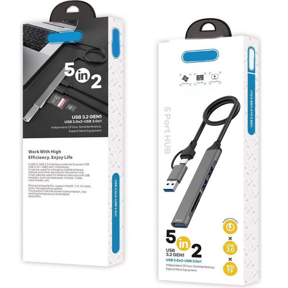 Type-C USB-A 5-in-2 Hub – USB 3.0 and USB 2.0 Accessories for PC and Computer