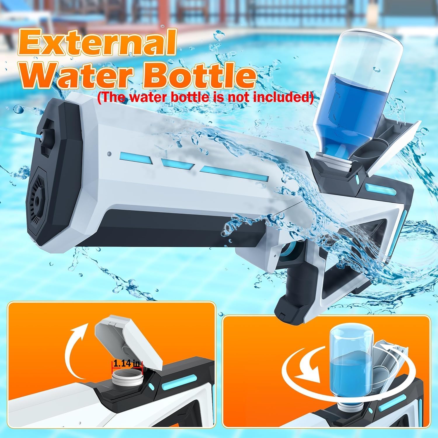 Electric Water Gun with Automatic Suction. 25-32ft range waterproof toy for adults & kids. Summer pool beach party fun.