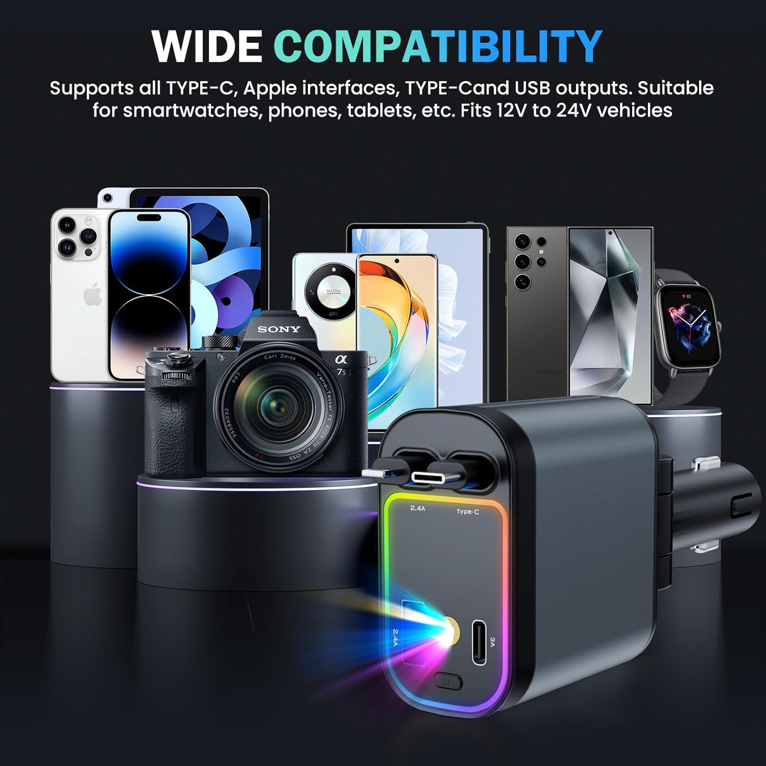 Fast 60W Car Charger with Starlight Roof – 4-in-1 Retractable USB-C Adapter, Dual USB Ports – Compatible with iPhone & Android