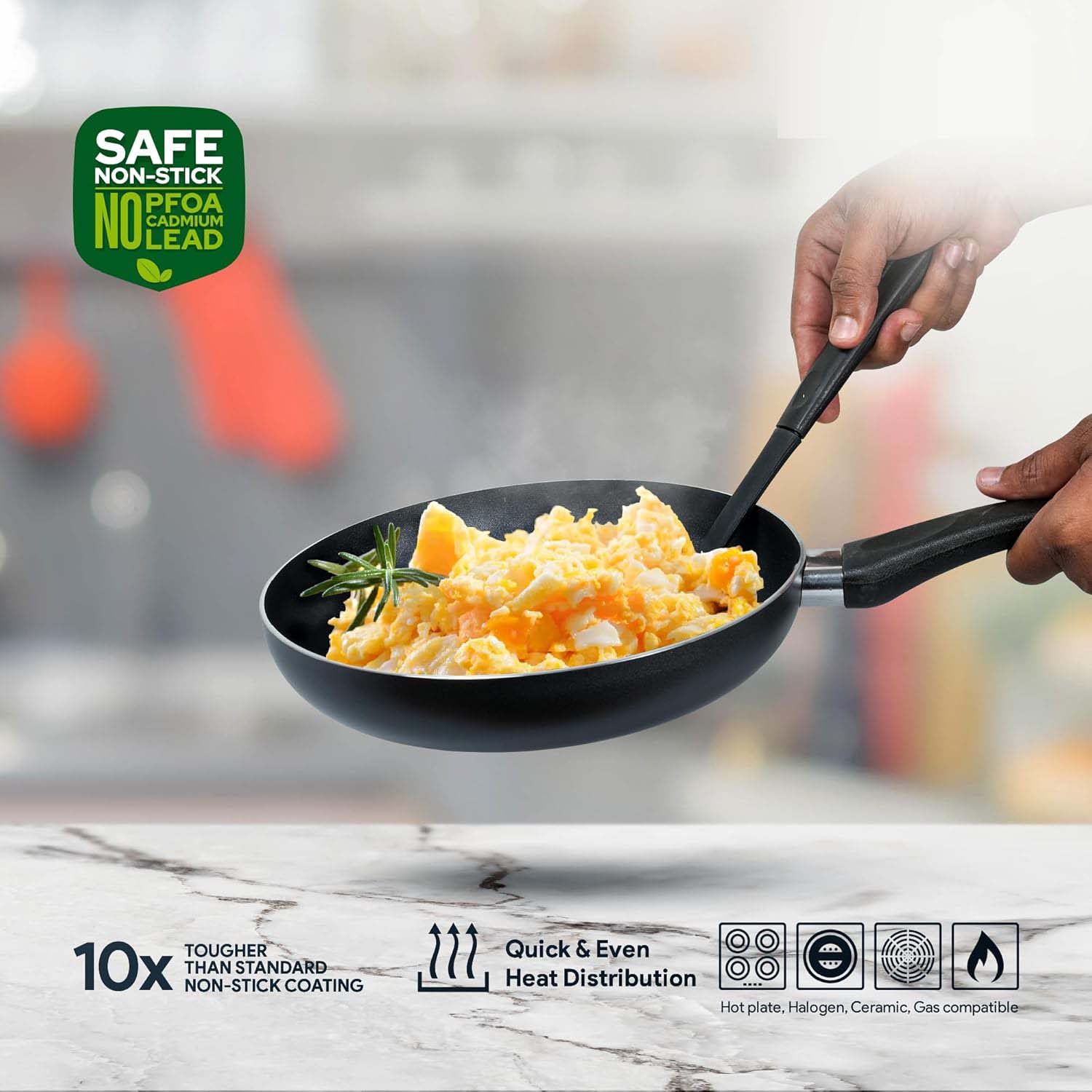 10-Piece Nonstick Cookware Set - Aluminum, Glass Lids, Casserole, Saucepan, Frypan, Nylon Turner, Dishwasher Safe (Black)