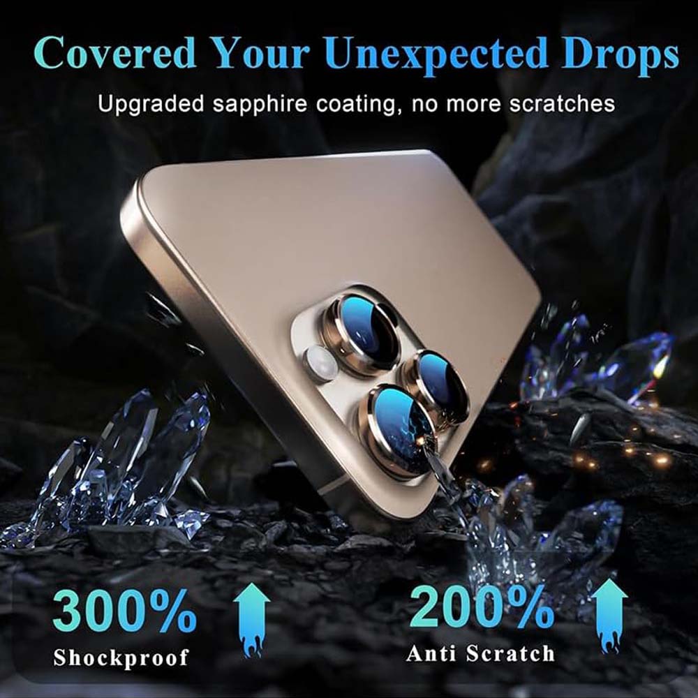 iPhone 14 Pro Max/15 Pro Camera Lens Protector - 3-Pack 9H Tempered Glass with Aluminum Alloy Ring (Desert Titanium)