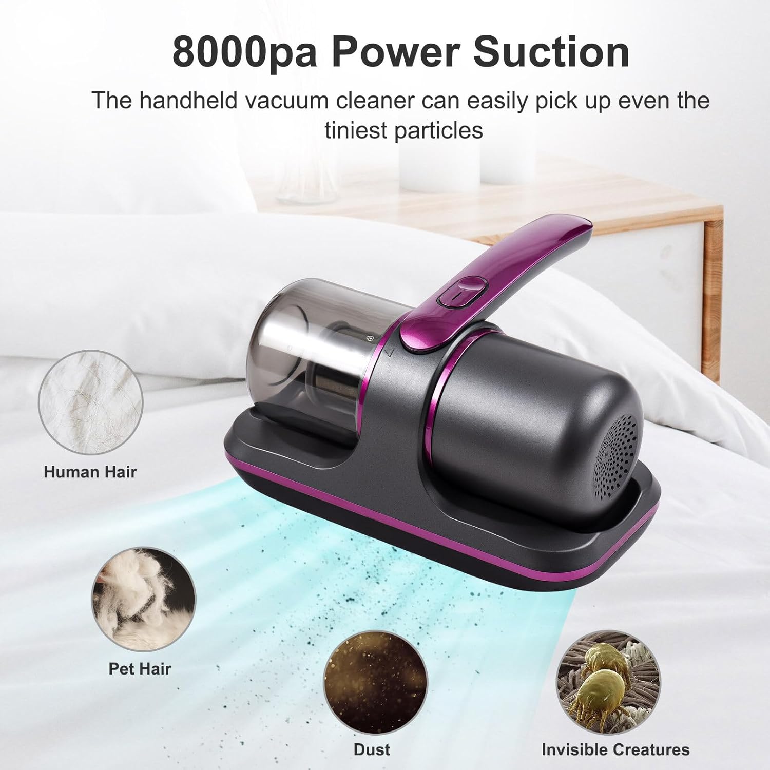 100W Cordless Mattress Vacuum - UV Bed Cleaner with 8000Pa Suction, 2 Speeds & 250ml Dust Cup for Bedding & Clothes