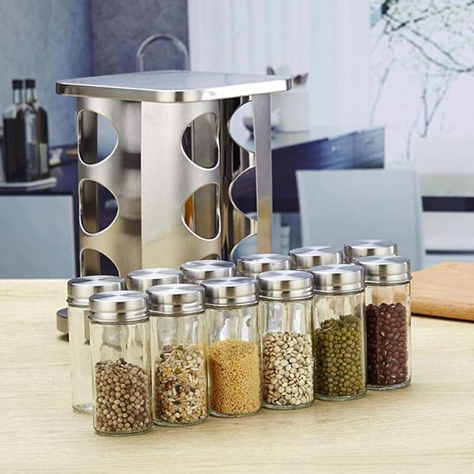 12-Piece Glass Spice Jar Set – Rotating Stainless Steel Spice Rack with 120ml Round Jars