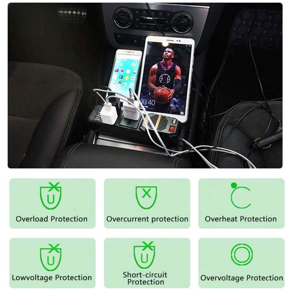 200W Car Power Inverter - DC 12V to AC 220V Converter with 2 AC Outlets, 4 USB Ports & Cigarette Lighter Socket