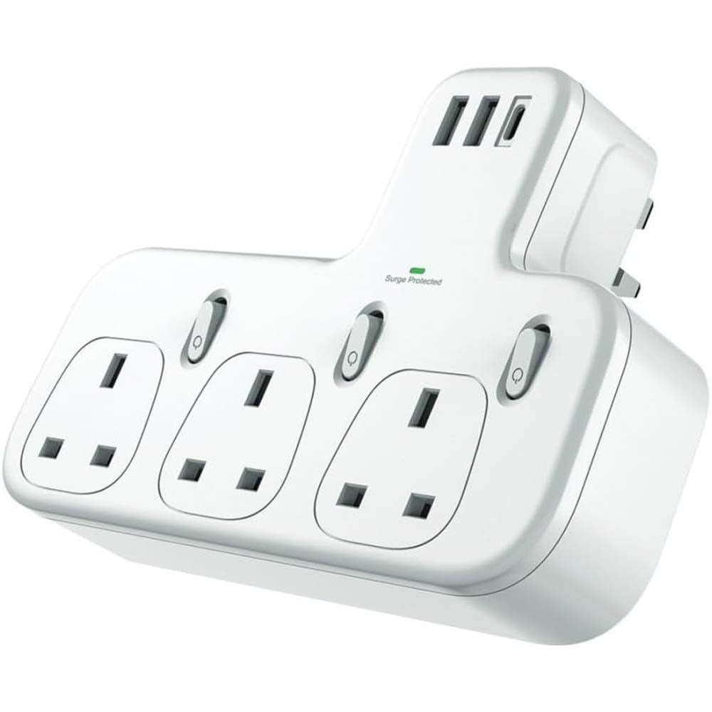 Dx871 Power Strip with 3 AC outlets, 2 USB ports & 1 PD port for fast charging. Compact modern design in white.