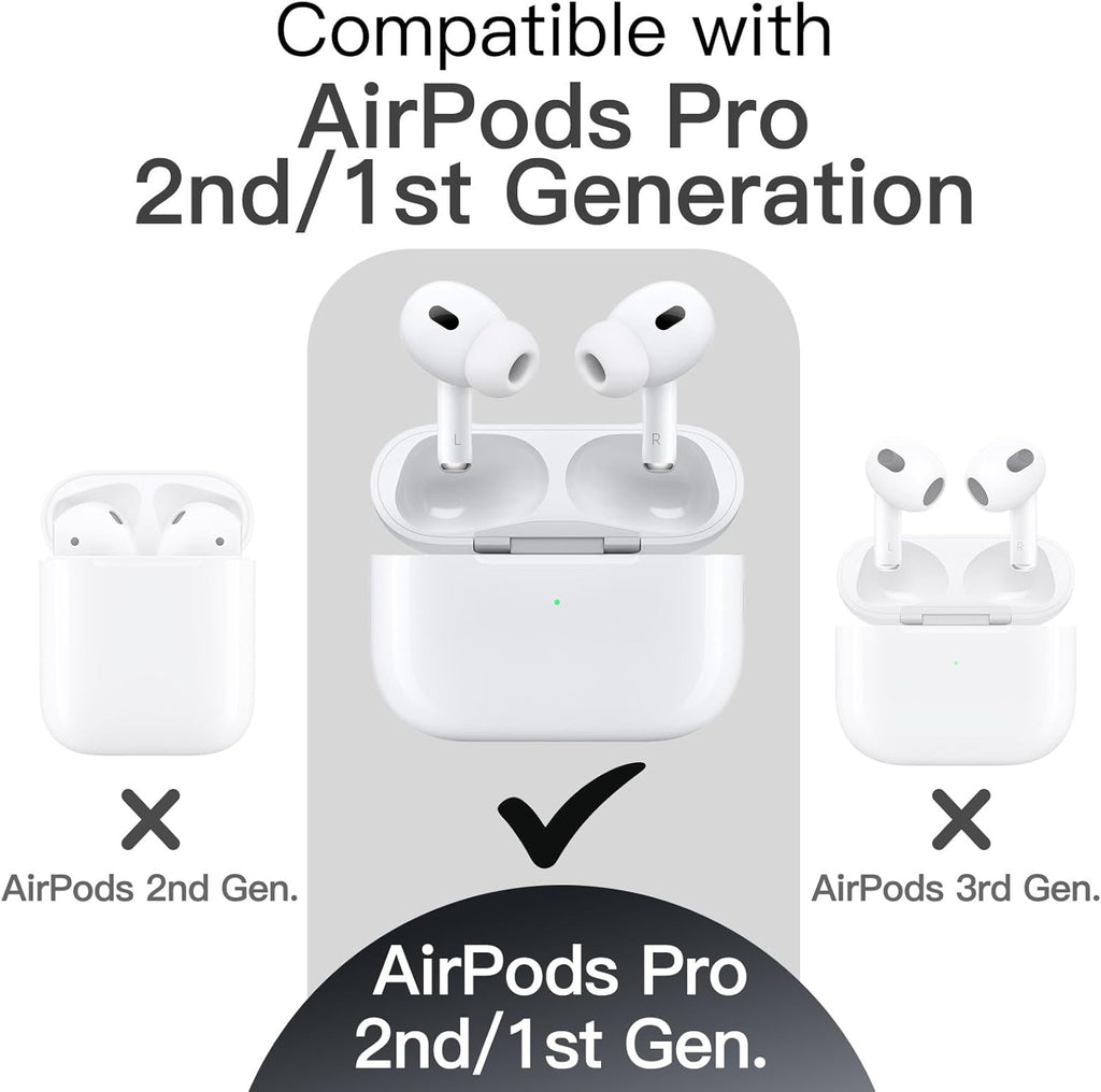 Silicone Case for AirPods Pro 2nd/1st Gen. Shockproof cover with keychain, hard PC interior & visible LED. 2023-2019 models.