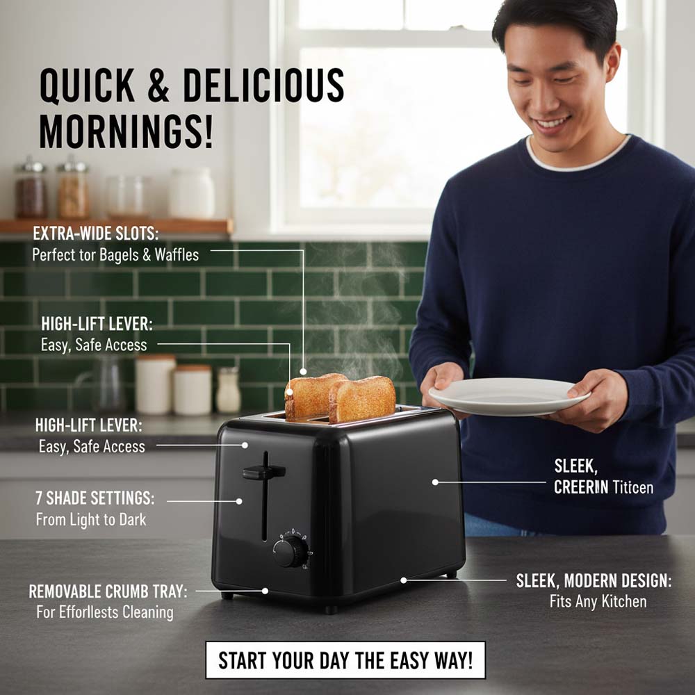 OE-505 2-Slice Toaster. Compact toaster with auto pop-up and removable crumb tray for easy cleaning. Simple & efficient.