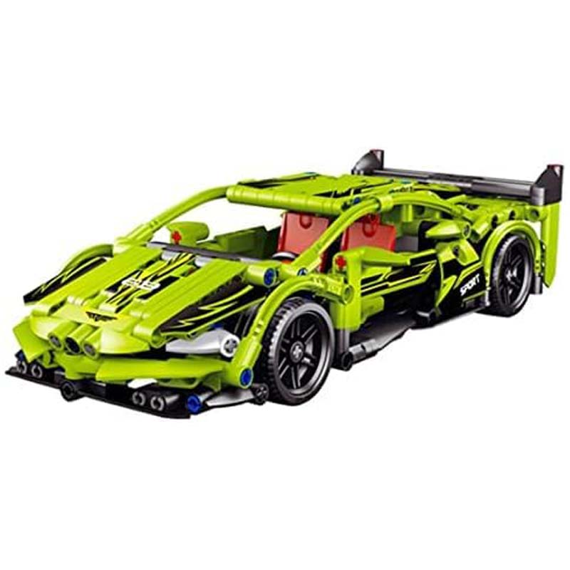 Come Alive Tech Sport Racing Car Building Set. 439-piece green DIY bricks with pull-back function for kids. STEM construction toy.