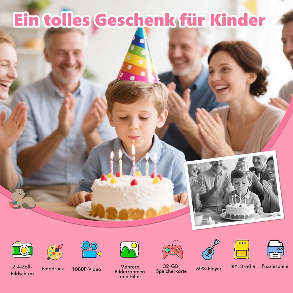 Kids Instant Camera - 1080P Digital Camera for Ages 3-12 with Printing Paper (No Card Included) Pink