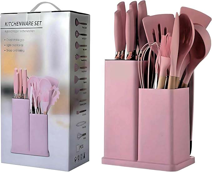 19-Piece Silicone Cooking Utensils & Knife Set with Block | Includes 11 Silicone Utensils, 5 Stainless Steel Knives, Scissors, Cutting Board | Pink