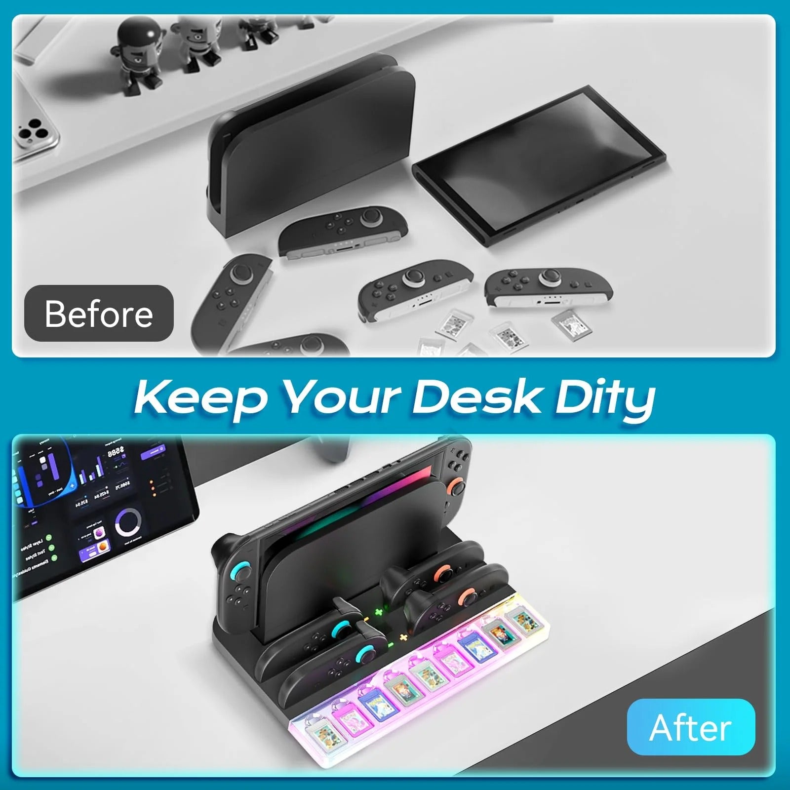 Switch 2 Charging Dock Station - Controller Charger with 7 RGB Lights, 9 Game Slots & Cooling Fan