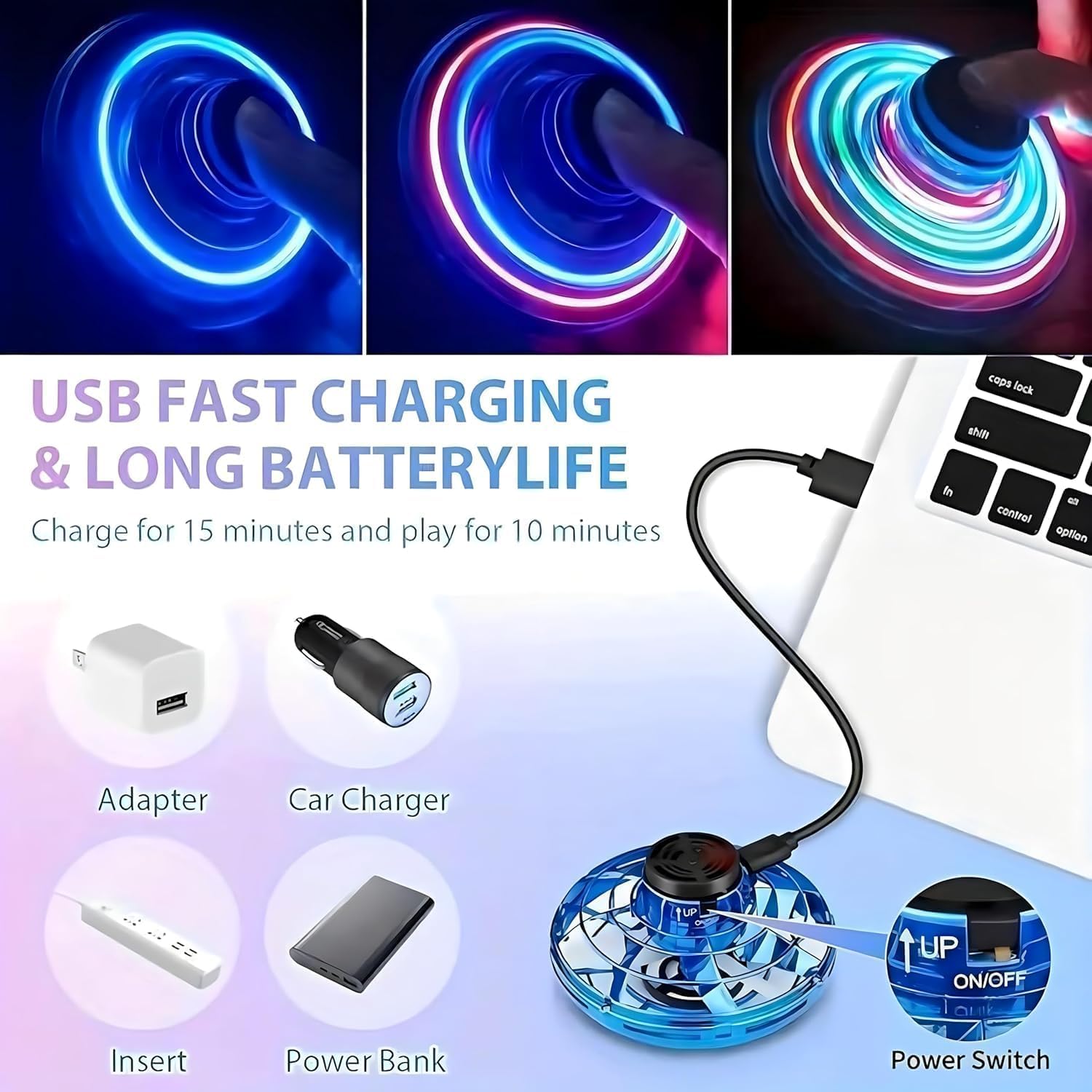 UFO Hand Controlled Mini Drone LED flying fidget spinner with 360° rotation. USB rechargeable toy for boys & girls.