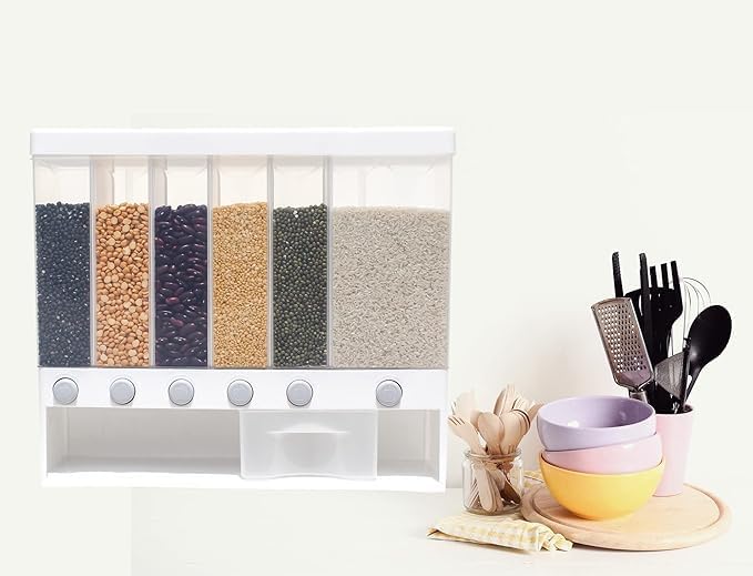Wall Mounted Cereal Food Dispenser – 6-Section Space-Saving Kitchen Storage for Cereals, Pulses, and More