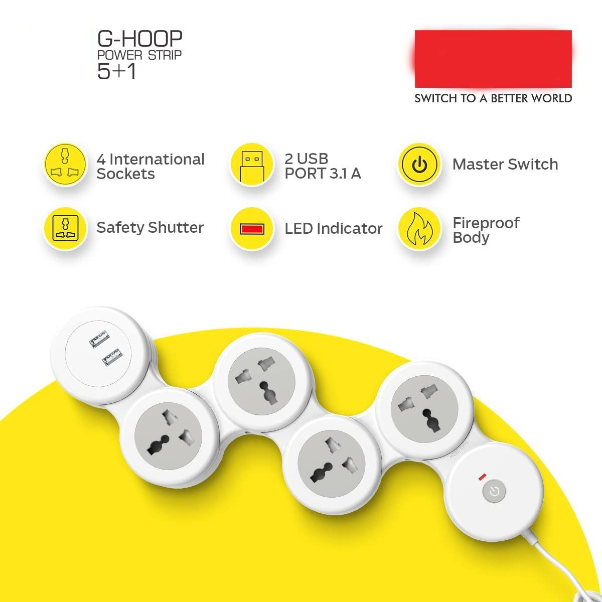 3276 Cuba Power Strip with 2 USB 3.1A, Master Switch, 4 International Sockets, Safety Shutter, 1.8 m Cable – Ideal for Home & Office