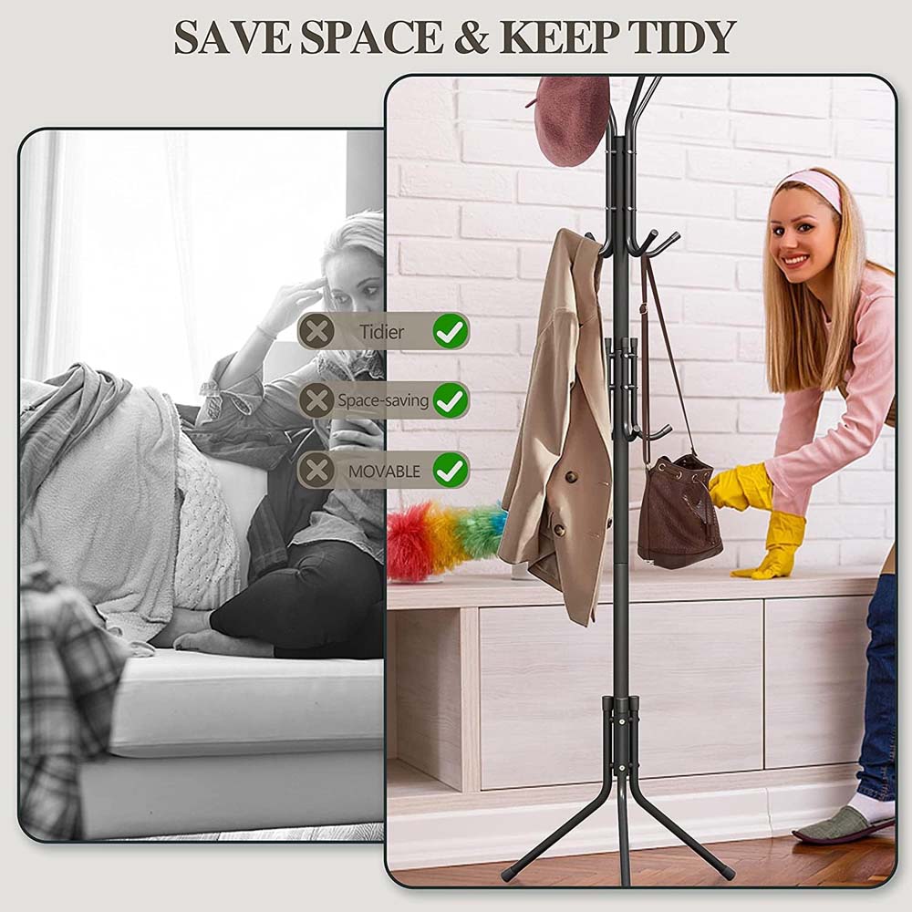 12-Hook Coat Rack Stand - Wrought Iron Clothing Hanger with Shelves, Freestanding Wardrobe Organizer for Bedroom/Entryway