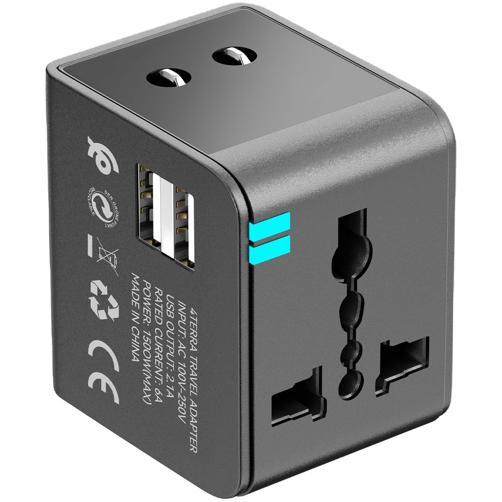 Universal Travel Adapter - Worldwide Mobile Charger with USB and Type-C Ports, High-Speed 1500W Output for International Use, with Multi-Protection Features