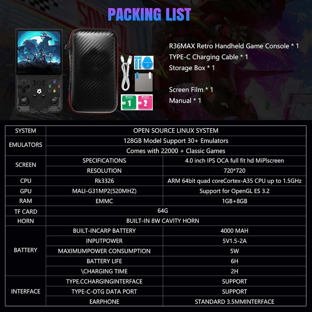 R36MAX Retro Handheld Console - 128GB/22,000 Games, 4" 4K IPS Screen, Open Source Linux System, Portable Classic Gaming (Multi-Colour)