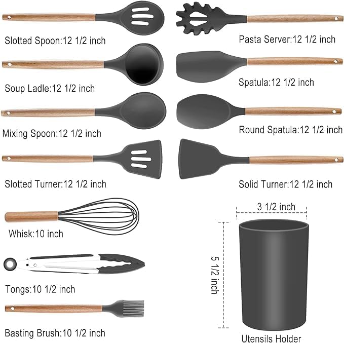 19-Piece Silicone Cooking Utensils & Knife Set with Block | Includes 11 Silicone Utensils, 5 Stainless Steel Knives, Scissors, Cutting Board | Grey