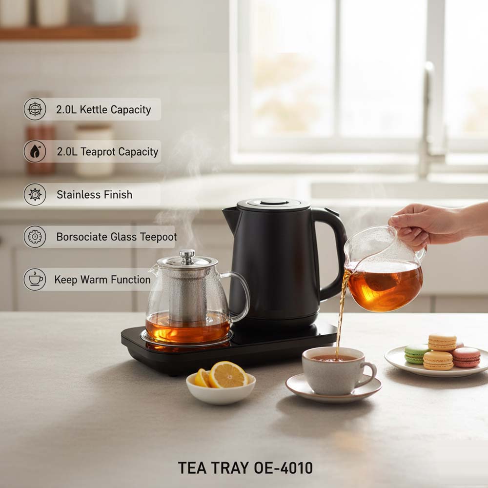 OE-4010 2.0L Electric Kettle & Tray Set. Fast-boiling water kettle with serving tray for elegant home tea service.
