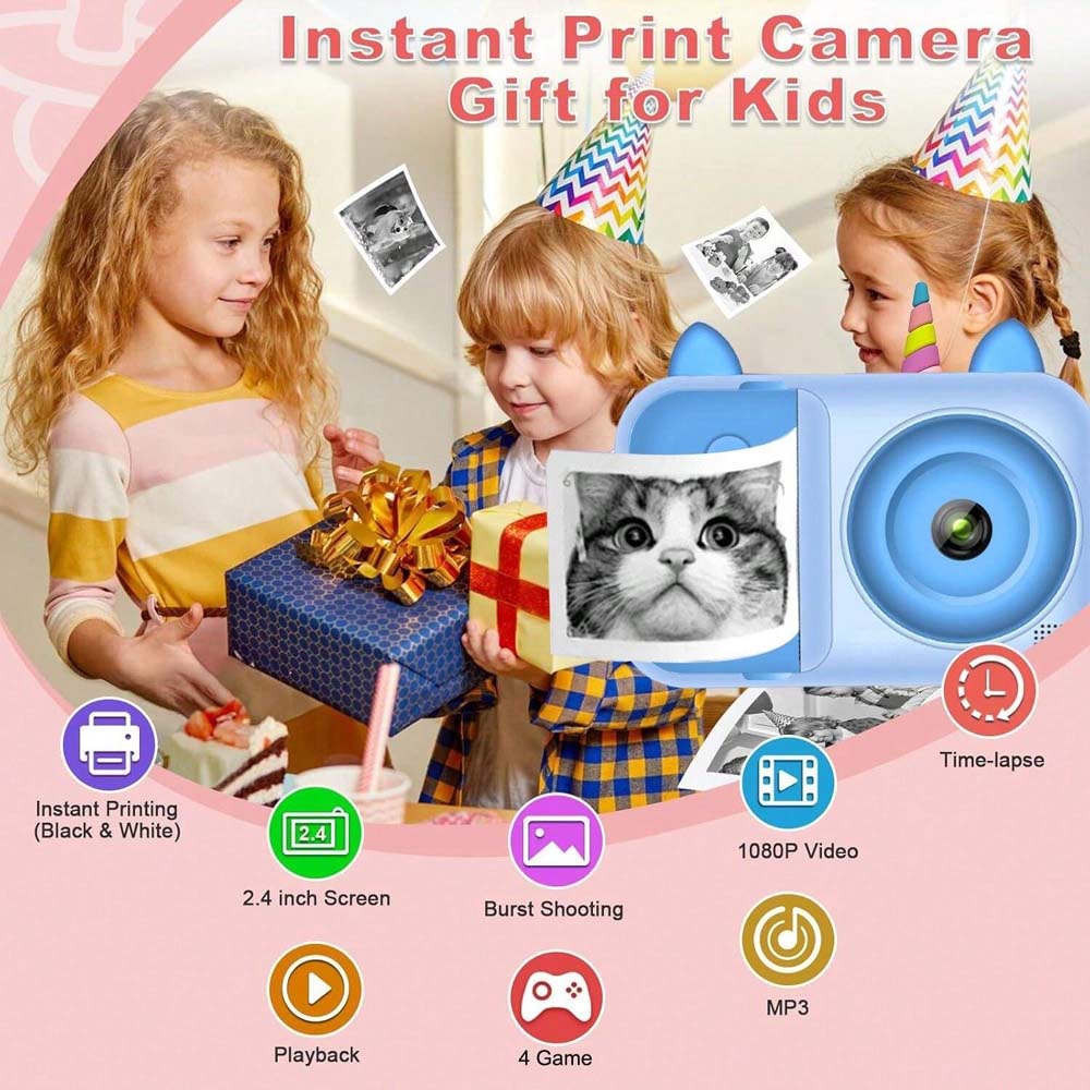 Kids Instant Print Camera - 1080P Digital Camera for Children 3-12 with Photo Papers (Blue, No Card Included)