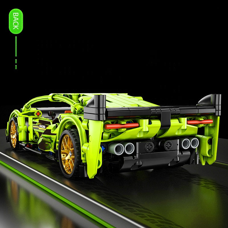 Come Alive Tech Sport Racing Car Building Set. 439-piece green DIY bricks with pull-back function for kids. STEM construction toy.