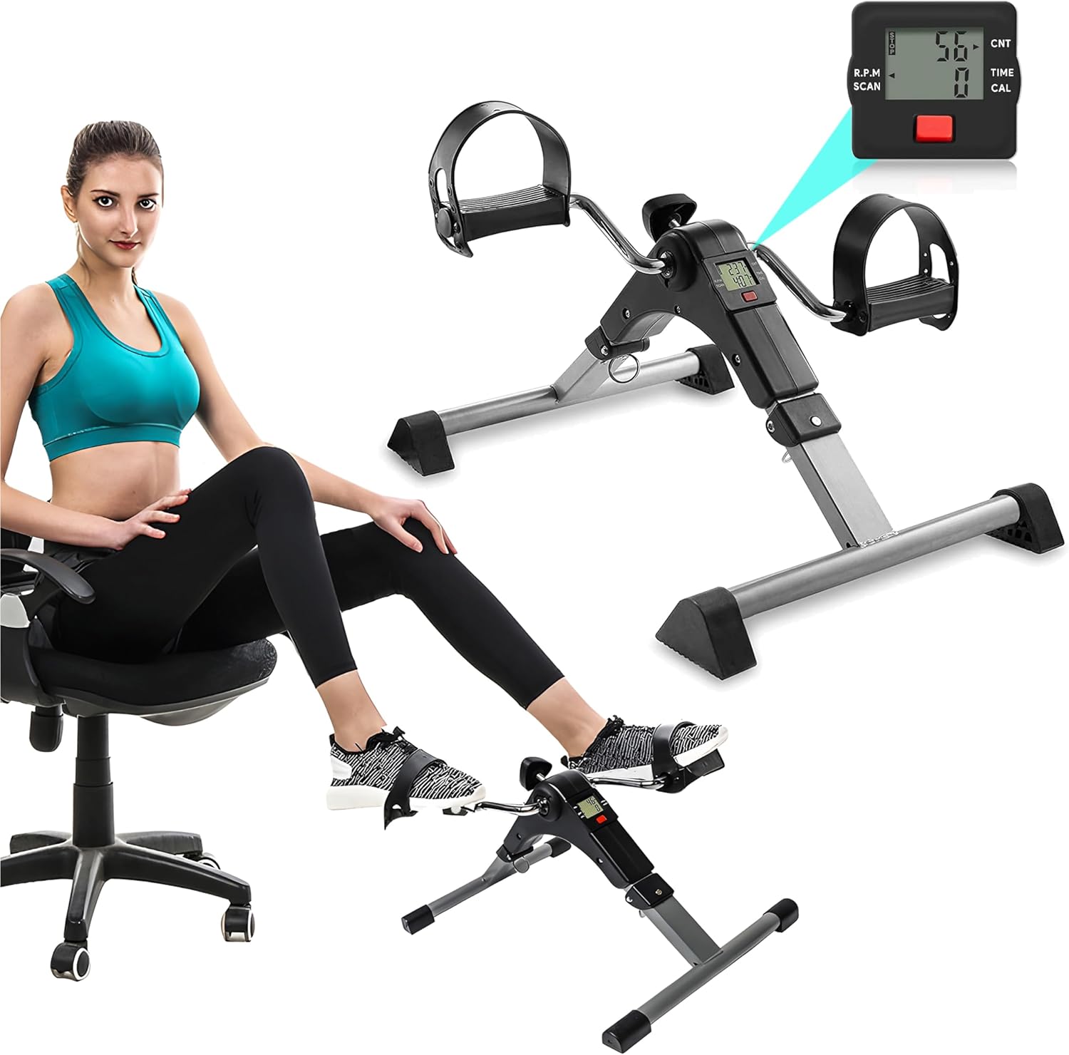 Mini Exercise Bike | Compact Arm and Leg Exerciser with LCD Monitor | Adjustable Resistance & Foldable Pedals