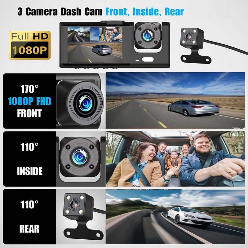 4-Inch Triple-Lens WiFi Dash Cam - Front/Rear/Inside Recording, Mobile App Control, Night Vision & Parking Monitor