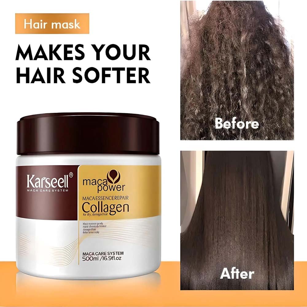 Karseell Hair Repair Set: Shampoo, Conditioner & Maca Collagen Mask with Argan Oil for dry, damaged hair. Restorative care.