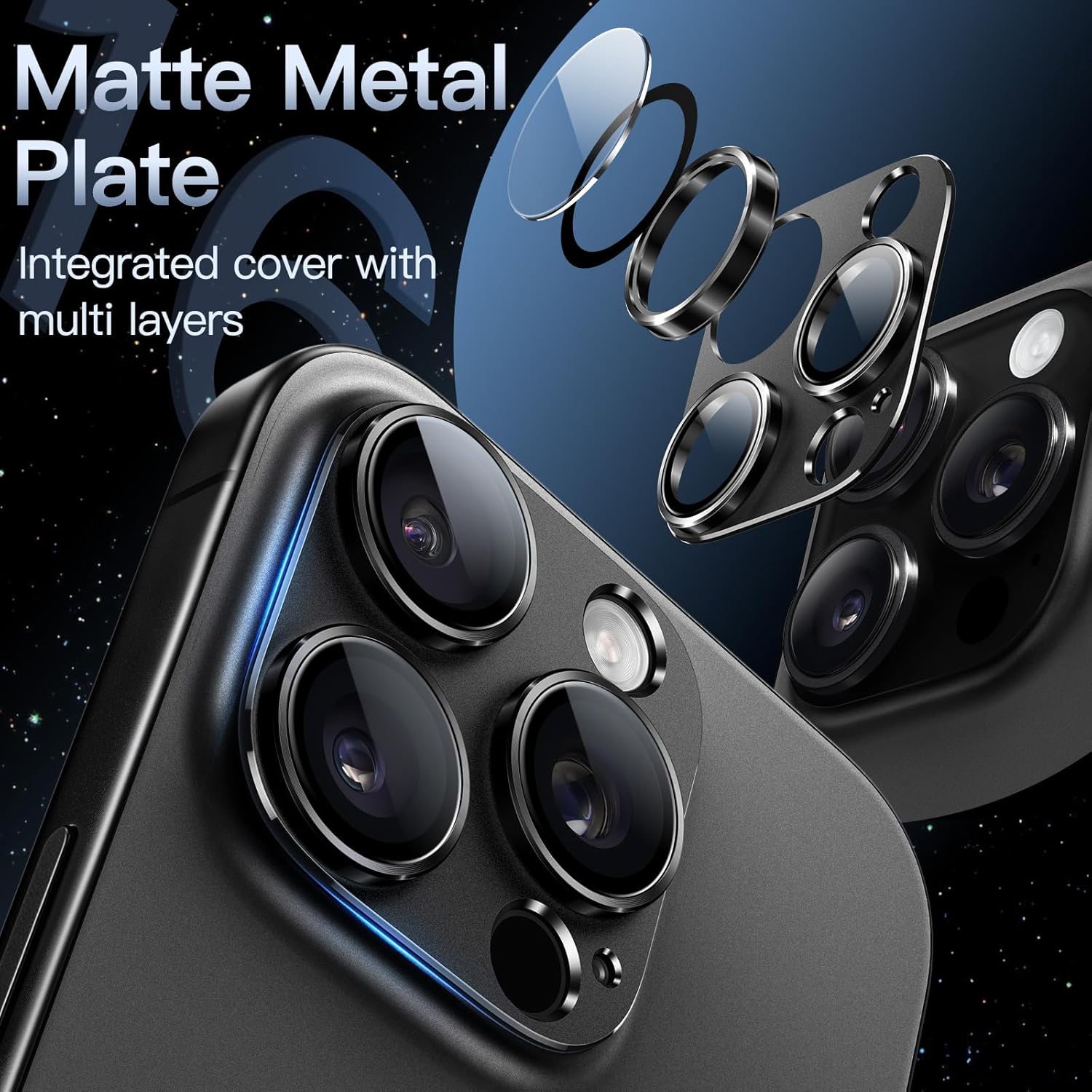 Camera Lens Protector for iPhone 16 Pro (6.3") and iPhone 16 Pro Max (6.9") – 9H Tempered Glass with Matte Metal Plate, Case-Friendly Full Coverage Lens Cover