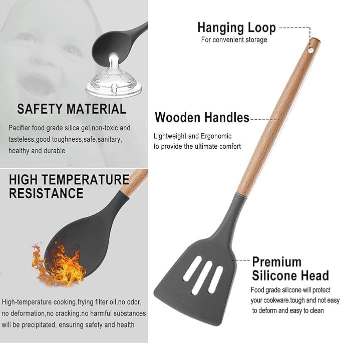 19-Piece Silicone Cooking Utensils & Knife Set with Block | Includes 11 Silicone Utensils, 5 Stainless Steel Knives, Scissors, Cutting Board | Grey