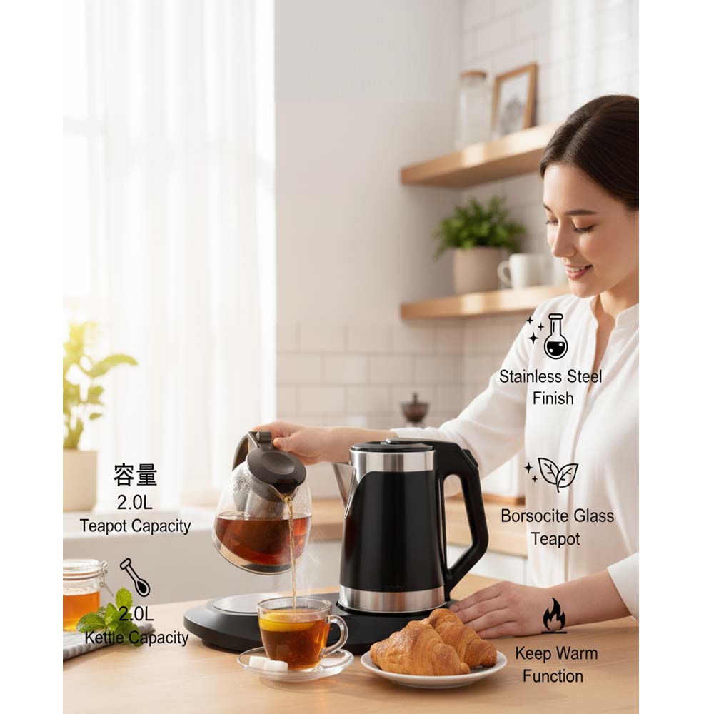 OE-4010 2.0L Electric Kettle & Tray Set. Fast-boiling water kettle with serving tray for elegant home tea service.