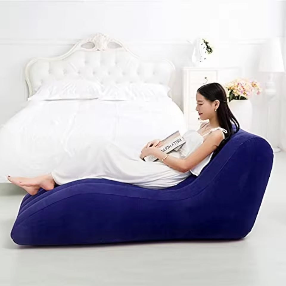 Folding Portable Inflatable Recliner Sofa – S-Type Lazy Flocking Lounge Chair with Foot Air Pump for Indoor Living Room & Outdoor Balcony (Blue)