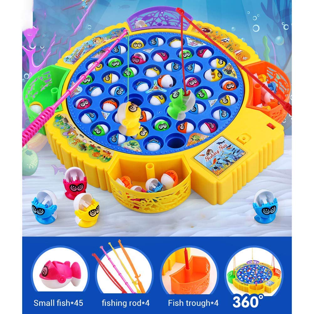 Fishing Game Electronic Musical Rotating Toy with 45 Fish & 4 Fishing Rods, Fun Learning Game, Gift for Kids of All Ages, Birthday Gift - Blue