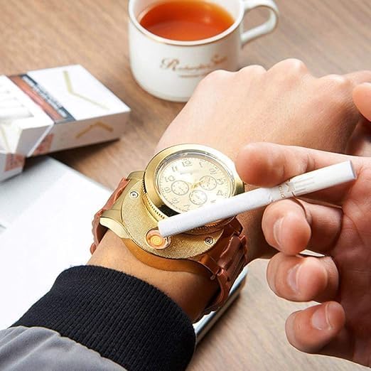 Men's Casual Sports Silicone Quartz Watch with Built-in Electronic Lighter – Waterproof USB Charging, Black