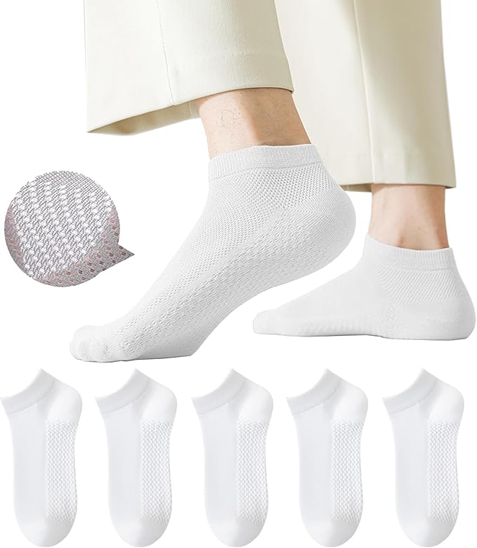 Men's Breathable Cotton Ankle Socks - 6 Pairs, Lightweight & Comfortable for All Seasons (White)