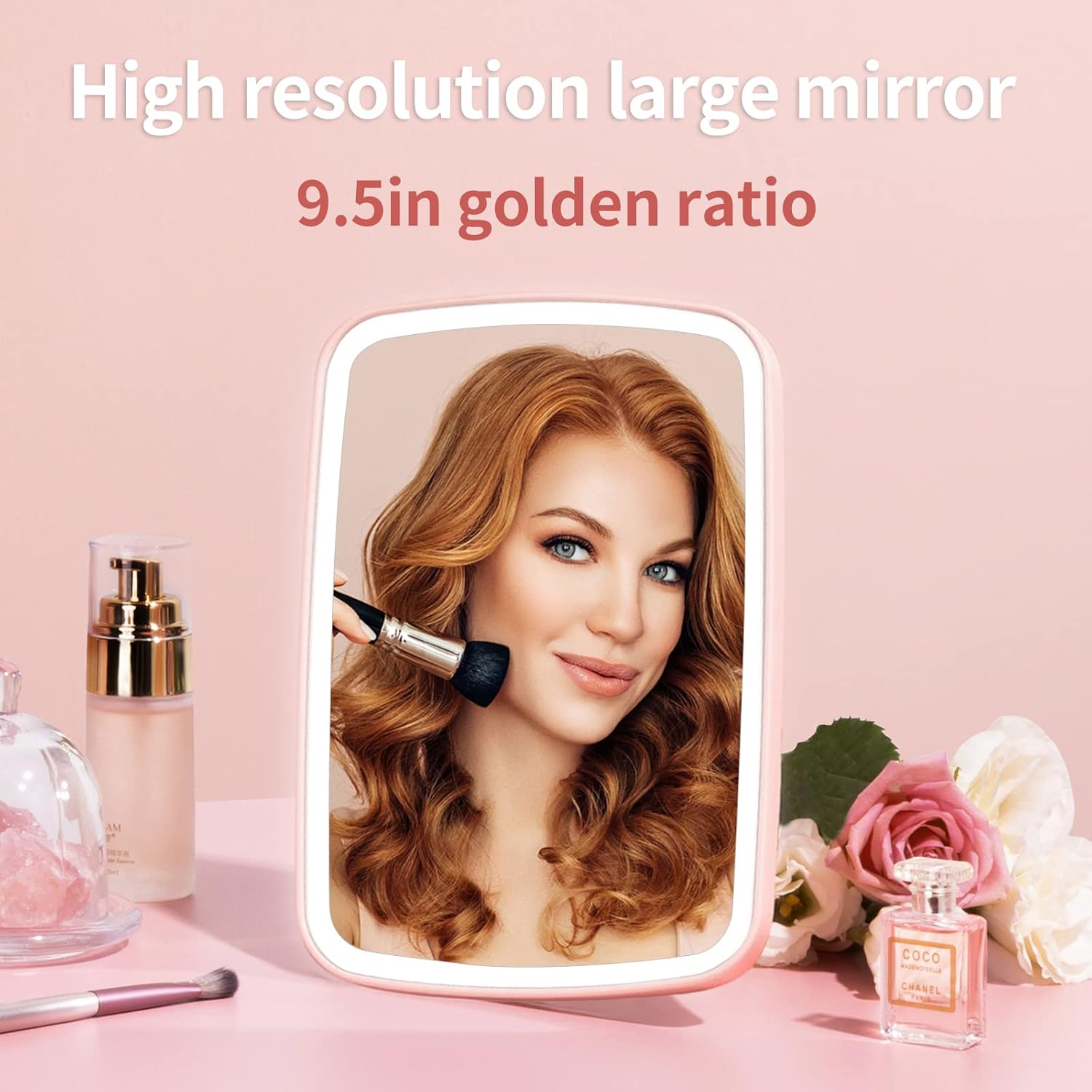 Makeup Vanity Mirror with 42 LED Lights, Touch Control, 3 Color Lighting, USB Rechargeable 2400mAh Battery, Portable Travel Mirror - Pink