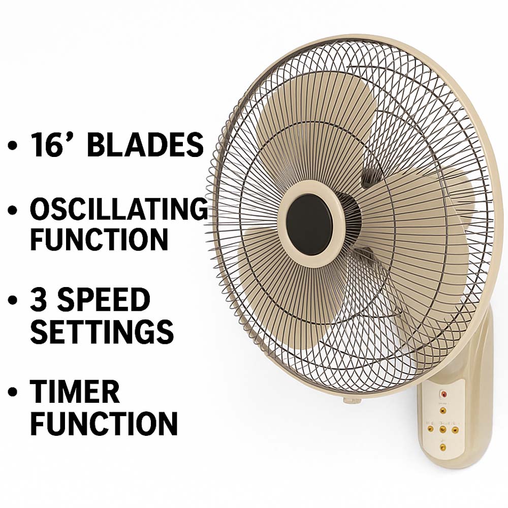 MWFV-433RC 16" Wall Mount Fan - Remote Control, 3-Speed, Adjustable Tilt, Quiet Operation for Home & Office
