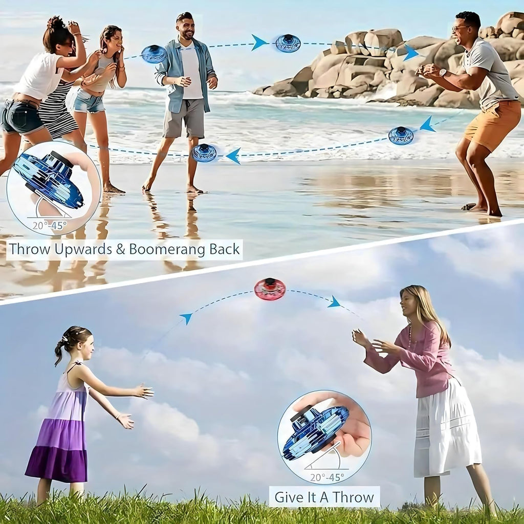 UFO Hand Controlled Mini Drone LED flying fidget spinner with 360° rotation. USB rechargeable toy for boys & girls.