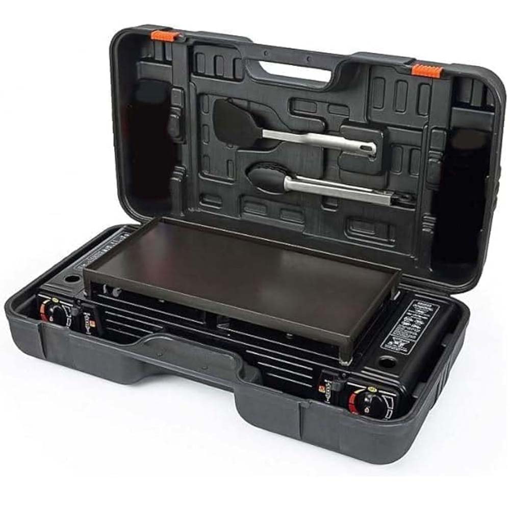 Portable Double Burner Card Stove. Windproof butane camp stove with 3-second ignition for fast outdoor cooking. Compact design.