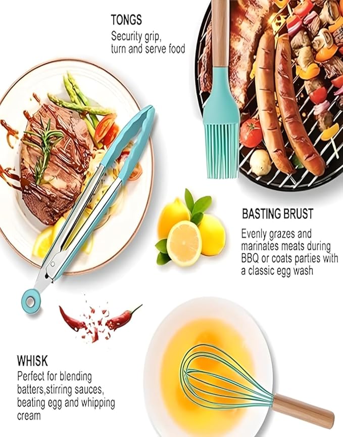 19-Piece Silicone Cooking Utensils & Knife Set with Block | Includes 11 Silicone Utensils, 5 Stainless Steel Knives, Scissors, Cutting Board | Teal