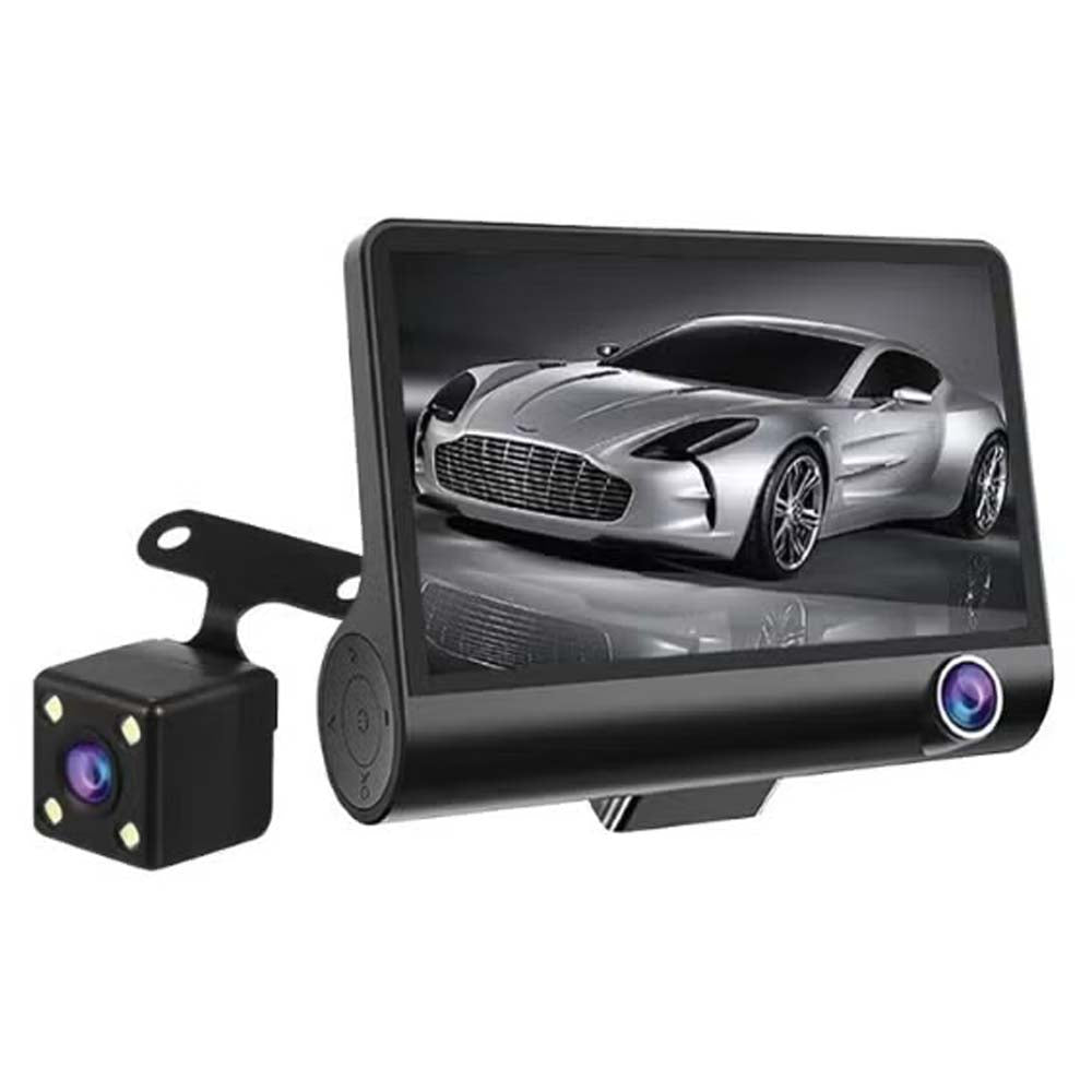 DX3618 3-Channel Car Dashcam. 4" HD display with front, rear & inside cameras. Loop recording, night vision & G-sensor.
