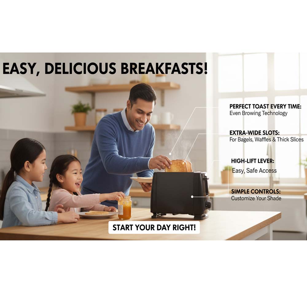 OE-505 2-Slice Toaster. Compact toaster with auto pop-up and removable crumb tray for easy cleaning. Simple & efficient.