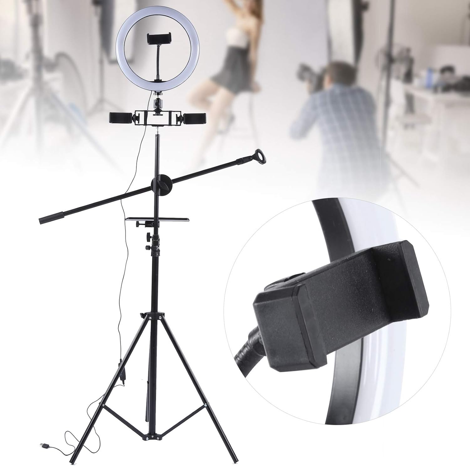 Ring Light Sound Card Tray with Live Microphone Stand | Adjustable Threaded Clamp Clip | Tripod Bracket Accessories with Mobile Phone Holder