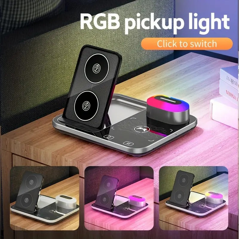 R12 Desktop Wireless Charger – 4-in-1 Automatic Lifting Station with RGB Light Effects and Sound-Controlled Lights