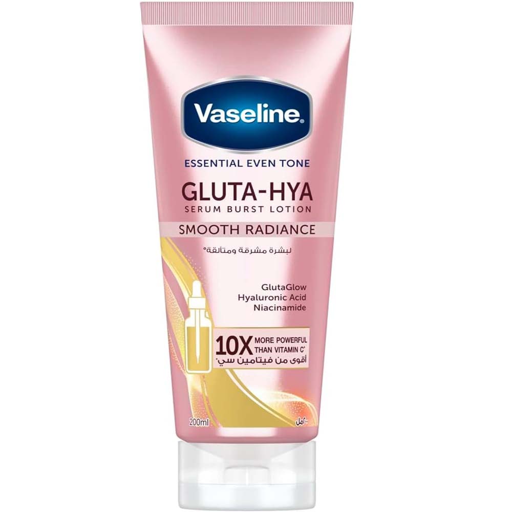 Vaseline Essential Even Tone Body Lotion Smooth Radiance with Gluta-Hya Serum Burst – 10X Vitamin C Power, Deep Moisturizing & Brightening, 200ml
