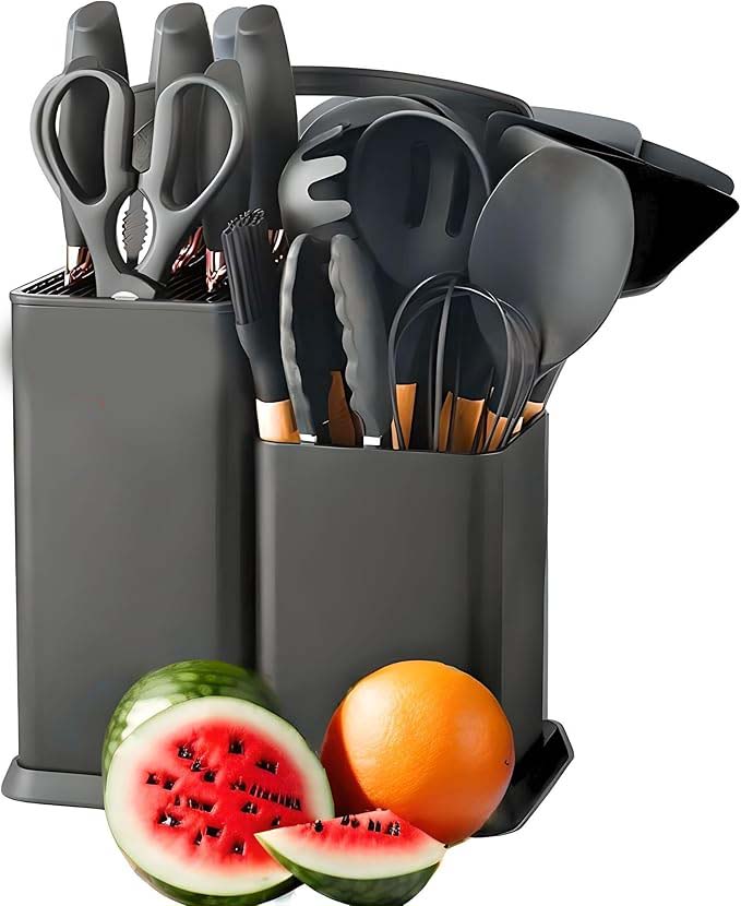19-Piece Silicone Cooking Utensils & Knife Set with Block | Includes 11 Silicone Utensils, 5 Stainless Steel Knives, Scissors, Cutting Board | Black