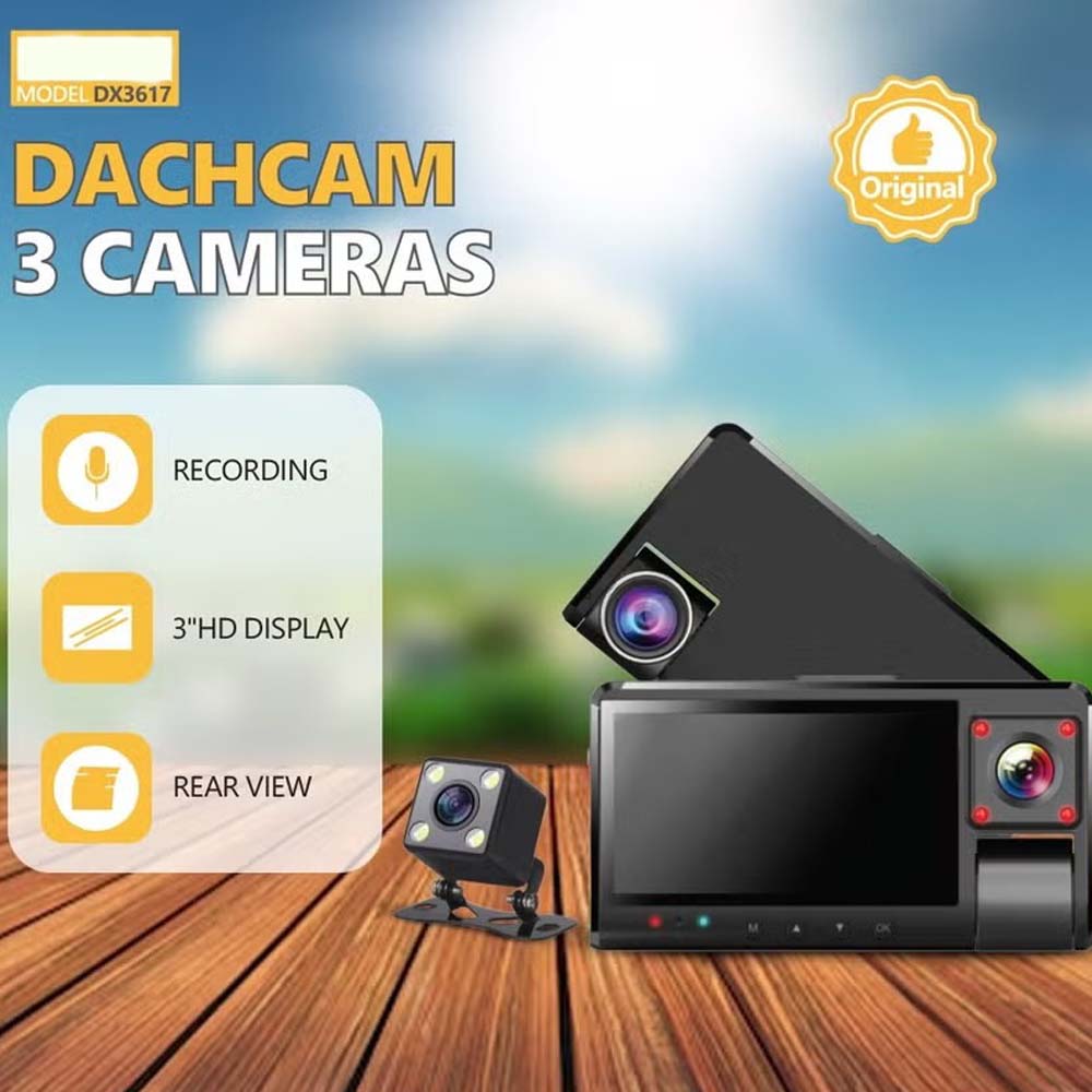 DX-3617 3-Channel Dash Cam. Front, rear & interior recording with WiFi app control, night vision & parking mode.